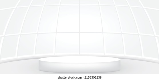 Empty white room with white round stage or podium for display, presentation, mockup, stage pedestal or montage product. Abstract interior template vector illustration for background. 3D round showroom