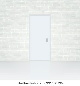Empty white room space and white door with brick wall texture. Vintage interior background for design and decoration.