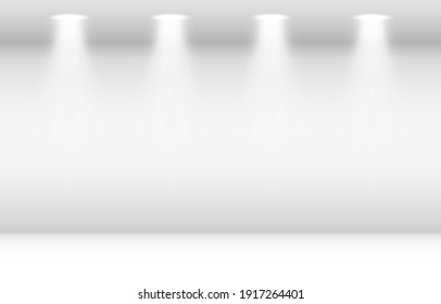 Empty white room with spotlight. Empty blank room, wall and floor interior background. Abstract 3d interior. Template design for presentation, advertising, photography. Vector illustration