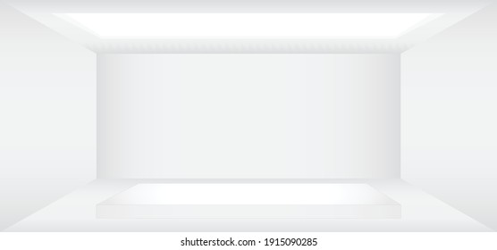 Empty white room with white stage vector illustration. Abstract 3d interior template for background.