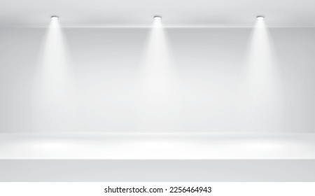 Empty white room. Three spotlights. Table surface. Vector design illustration. Mock up for you business project