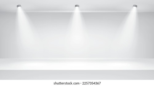 Empty white room. Three spotlights. Table surface. Vector design illustration. Mock up for you business project