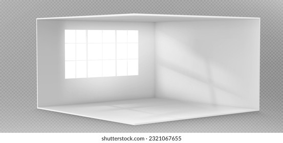 Empty white room with window on wall and light vector background perspective view. 3d studio interior with space inside for conference or gallery exhibition. Realistic clear corner apartment scene