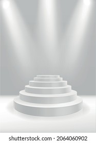 Empty white round podium. Circle pedestal illuminated with light. Vector illustration.