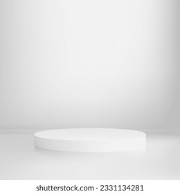 Empty white round podium, cylindrical pedestal, product advertising stage.