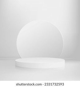 Empty white round podium, cylindrical pedestal, product advertising stage.