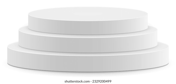 Empty white round podium, modern pedestal and platform, stand stage, cylinder, round empty stages and podium stairs 3d template for product presentation, awards - vector