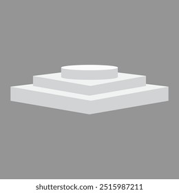 Empty white round podium, modern pedestal and platform, stand stage, cylinder, round empty stages and podium stairs 3d template for product presentation, awards. Isolated on gray background. EPS 10