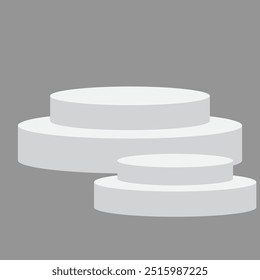Leeres weißes rundes Podium, modernes Podest und Plattform, Standbühne, Zylinder, runde leere Bühnen und Podiumstreppe 3D-Vorlage für Produktpräsentation, Auszeichnungen. Einzeln auf grauem Hintergrund. EPS 10