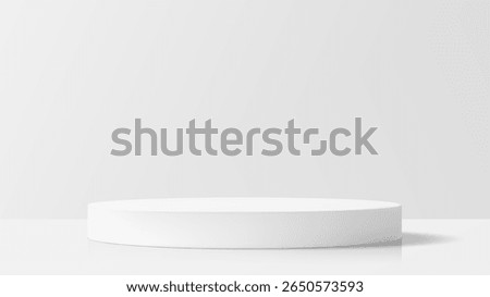 Empty white round podium product display. Pedestal stage for presentation on bright background. Minimalist stand for showcase.