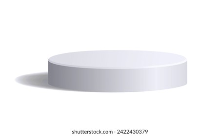 Empty white round shaped podium isolated on white. Realistic monochrome low studio platform with light reflections and shadow in 3D style. Blank vector template for product presentation.