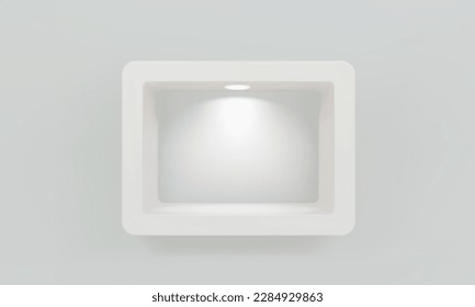 Estante rectangular blanco redondeado vacío o nicho en la pared con foco de atención en la boca. Compra, galería de plástico o vitrina de madera para presentar el producto. Espacio de almacenamiento comercial en blanco. Librería interior