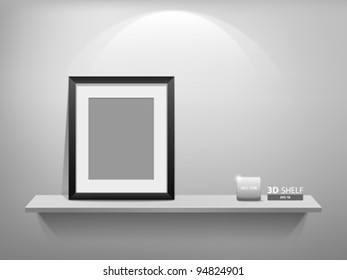 Empty white shelf with blank photo frame, vector illustration