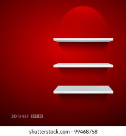 Empty white shelf for exhibit on red wallpaper background, vector illustration