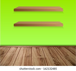 Empty white shelf hanging on a wall. Vector illustration. Background.