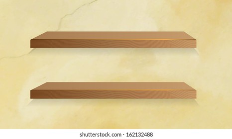 Empty white shelf hanging on a wall. Vector illustration. Background.