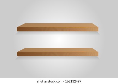 Empty white shelf hanging on a wall. Vector illustration. Background.