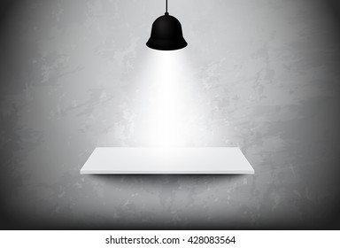 Empty white shelf hanging on the concrete wall with light ceiling lamp,vector design