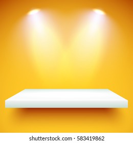 Empty white shelf hanging on a yellow wall illuminated by two spotlights. Vector background with boutique showcase or interior decoration furniture. Mockup ready for your design. Vector illustration.