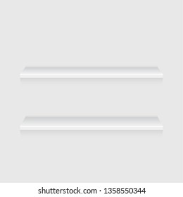 Empty white shelf on a gray wall with copy space. Vector abstract mock up realistic 3D.
