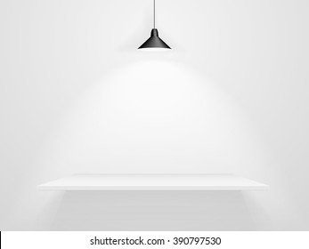 Empty white shelf with top lamp and realistic shadow. Vector illustration
