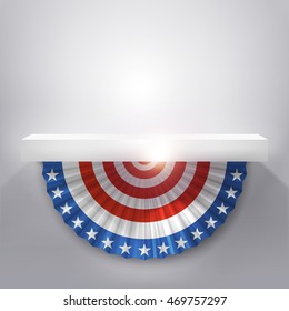 Empty white shelves decorated with US flag Buntings.vector illustration