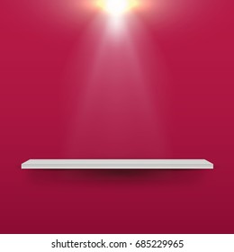 Empty white shelves with light on red background. Vector realistic 3d illustration.
