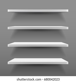 Empty white shelves on a white background. Vector illustration.