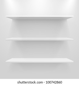 Empty white shelves on light grey background. Vector eps10 illustration