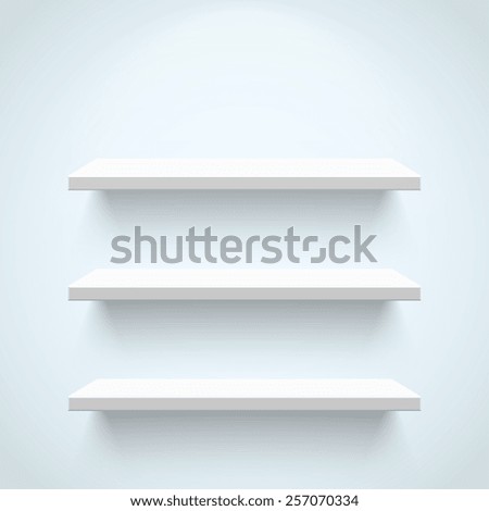 Empty white shelves on a light blue background 