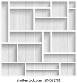 Empty white shelves on the wooden wall in gray colors, vector background