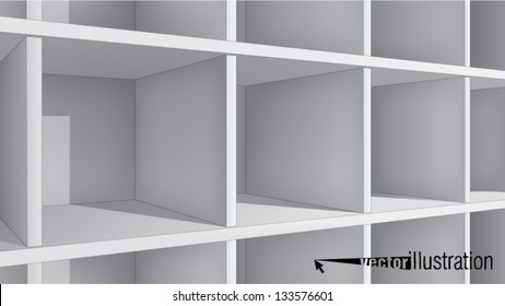 Empty white shelves, perspective view