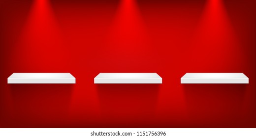 Empty white shelves under spot lights isolated on red background. Vector template.