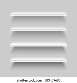 Empty white shop four shelf, retail shelves from frame. Vector realistic vector bookshelf rectangle, store wall display illustration on grey background. Gallery, business concept. Retail shelf rack.