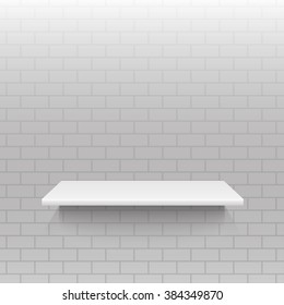 Empty white shop one shelf, retail shelves from frame. Vector realistic vector bookshelf rectangle, store wall display illustration on grey background. Gallery, business concept. Retail shelf rack.