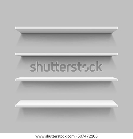 Empty white shop shelf, retail shelves, 3d store wall display vector illustration