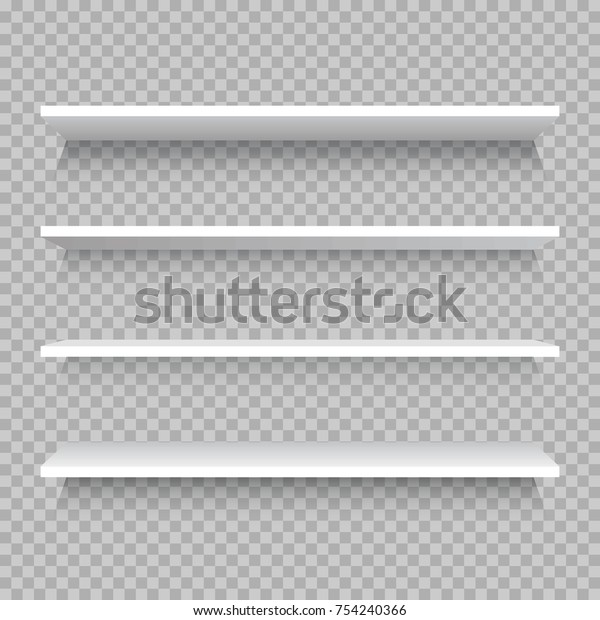 Empty white shop shelf, retail\
shelves from plywood frame. Realistic vector bookshelf rectangle,\
3d store wall display illustration on checkered\
background