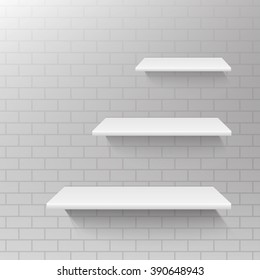 Empty white shop three shelf, retail shelves from frame. Vector realistic vector bookshelf rectangle, store wall display illustration on grey background. Gallery, business concept. Retail shelf rack.