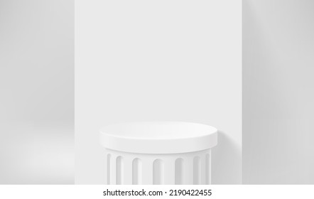 Empty white showcase with classic capitel. 3d vector presentation mockup 