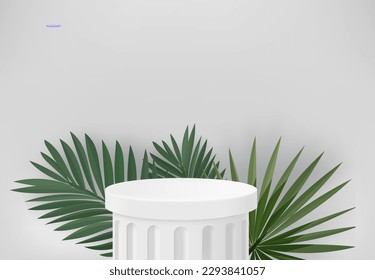 Empty white showcase with classic greek capitel and green leaves. 3d vector presentation mockup 