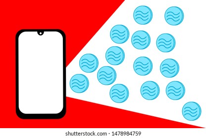 empty white smart  phone screen with blue coins on white and red background