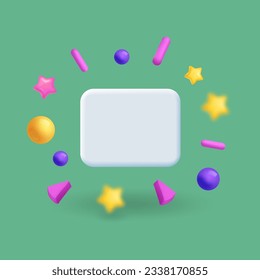 Empty white speech bubble. Blank 3d chat box sign. Cartoon flying elements, 3d message sign. Vector illustration