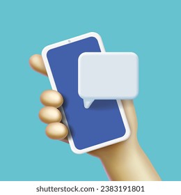 Empty white speech bubble on mobile phone. Hand hold smartphone with chat message icon. Comment 3d vector