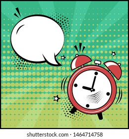 Empty white speech bubble and red alarm clock on green background.  Comic sound effects in pop art style. Vector illustration