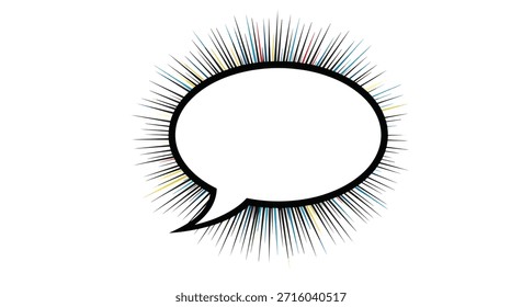 Bolha de fala branca vazia cercada por linhas radiais coloridas de explosão representando um grito alto, pancada ou notícias importantes sobre um fundo branco.