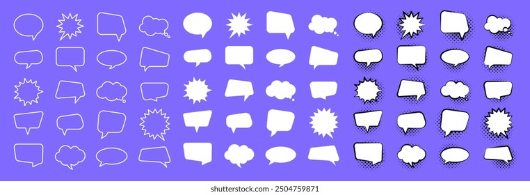 Empty white speech bubbles set. Comic speech bubbles with halftone shadows. Dialog balloons. Vector flat style.