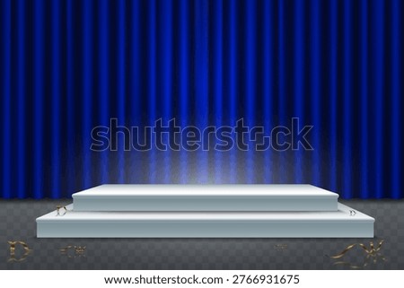 Empty white stage pedestal with elegant blue drapes. Awaits product display or award ceremony