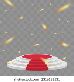 Empty white stage with red carpet and with gold confetti. Winner vector background