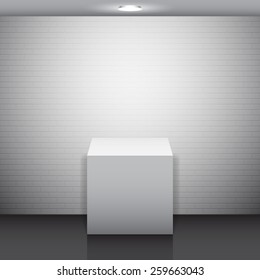 Empty white stand against white brick wall
