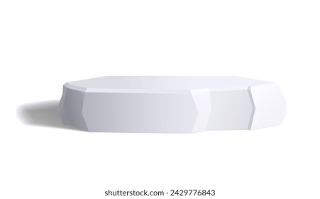 Empty white stone or asymmetrical podium isolated on white. Monochrome low studio platform with realistic light reflections and shadow in 3D style. Blank vector template for product presentation.